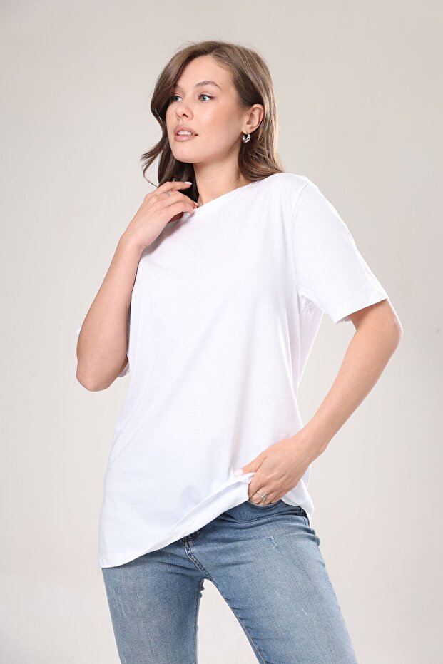%100 Pamuk Extra Konfor Extra Kalite Beyaz Bisiklet Yaka Oversize Boyfriend T-shirt - 5