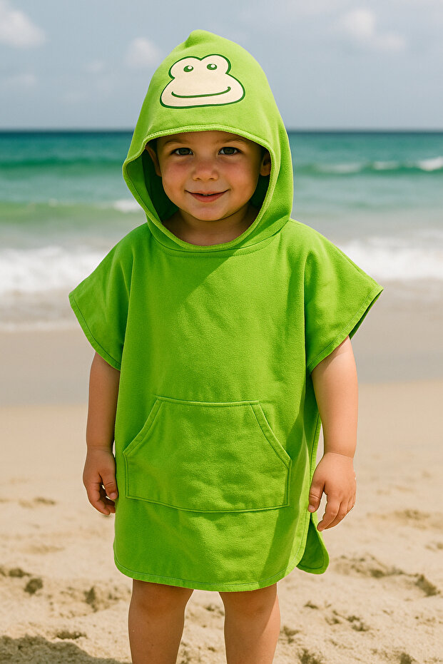 Frog Character Printed Hooded Microfiber Children's Poncho, Wearable Towel, Beach Towel