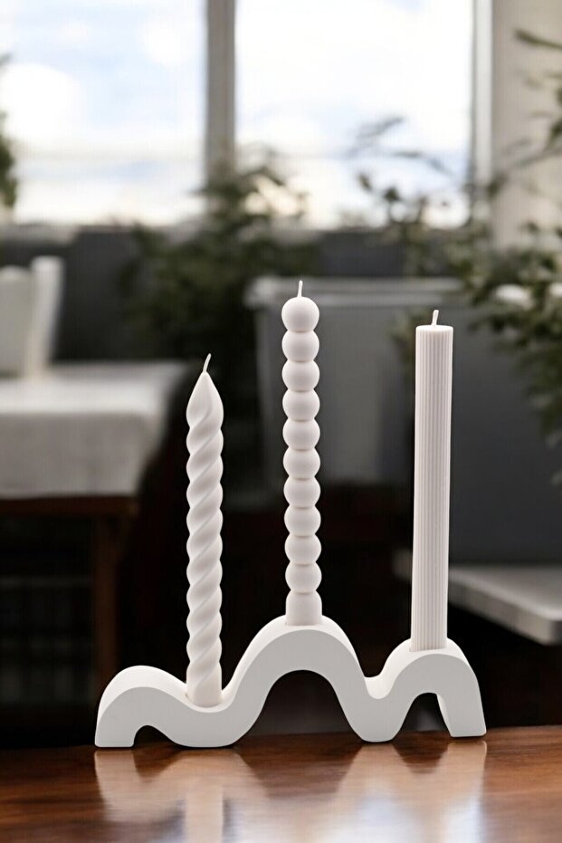 Modern Dalga Formlu 3’lü Şamdan – Beyaz - 3