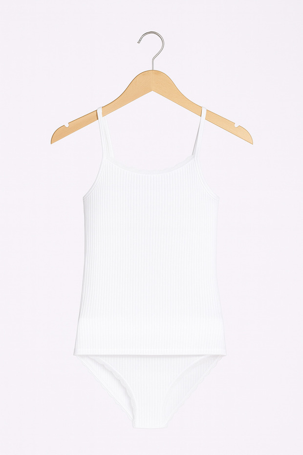 Women's White Viscose Lycra Soft Fabric String Strap Tank Top & Slip Panties Set L3I5K3L4Ekk