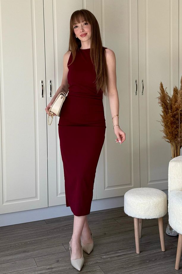 Drapeli Midi Bordo Elbise - 5