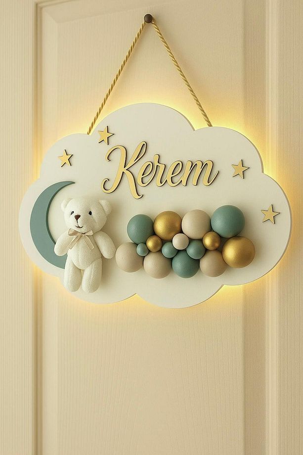 İstediğiniz Ismi Yazıyoruz - Bubble Ayıcıklı Ledli Bulut Bebek Kapı Süsü - 1