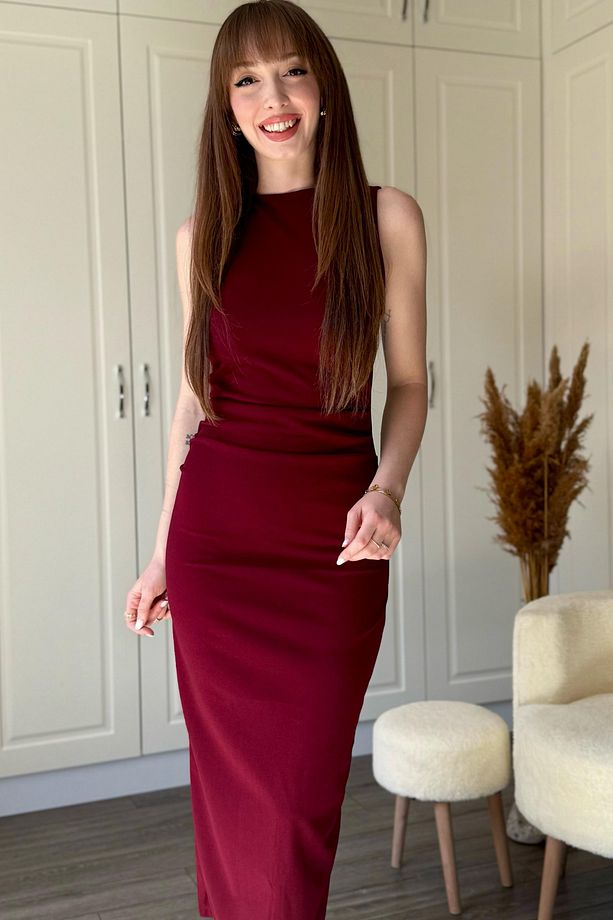 Drapeli Midi Bordo Elbise - 3