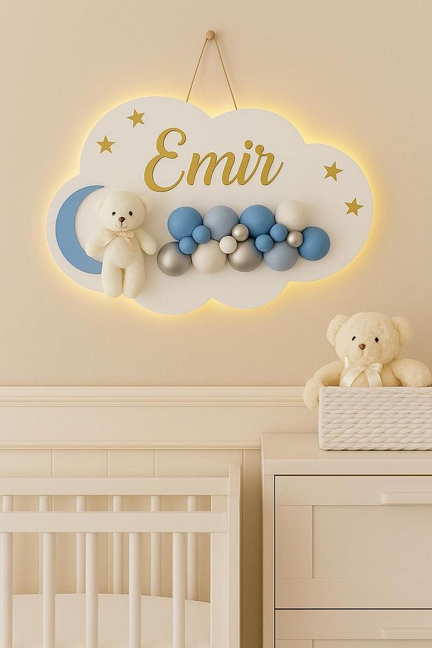 İstediğiniz Ismi Yazıyoruz - Bubble Ayıcıklı Ledli Bulut Bebek Kapı Süsü - 2
