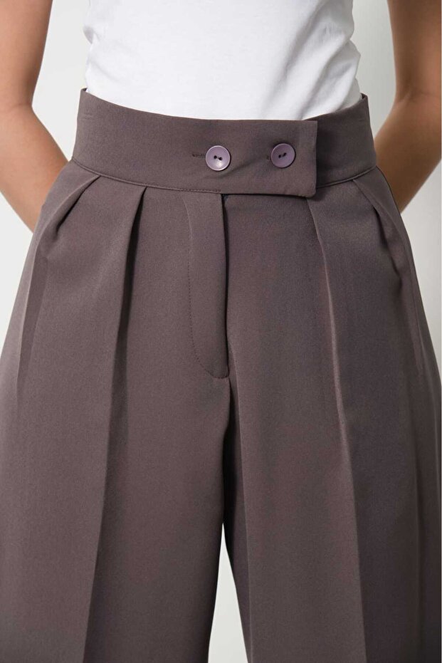 Women's Anthracite Pleated High Waist Button Closure Fabric Palazzo Pants