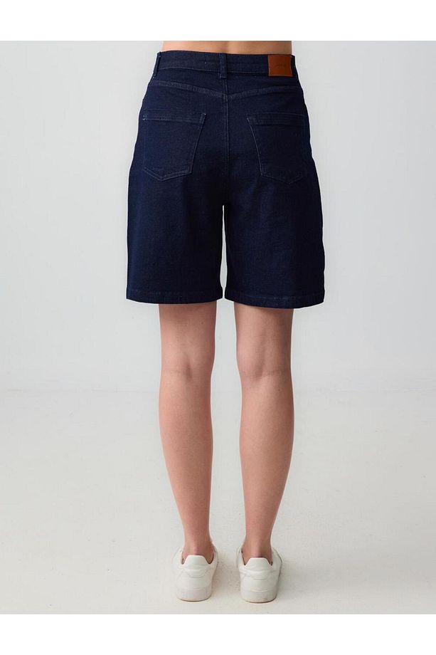 Koyu Mavi Yüksek Bel Bol Paça Denim Şort - 7