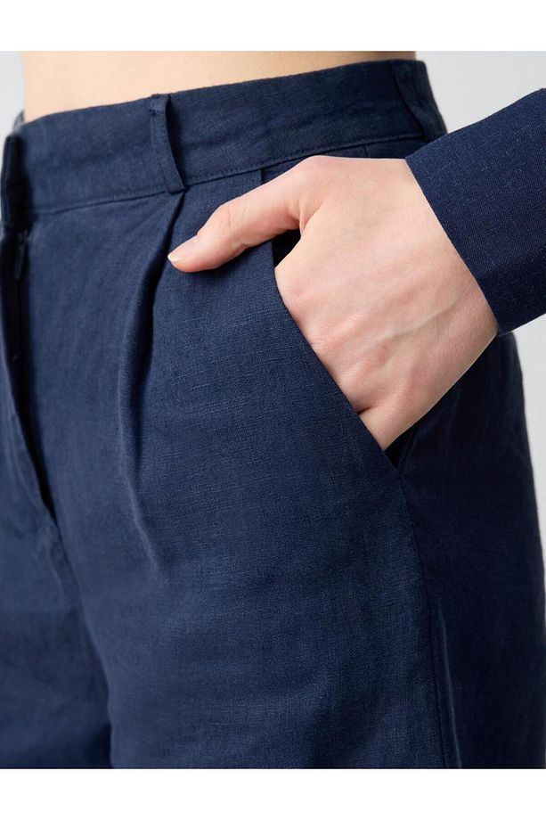 Lacivert %100 Keten Düz Kesim Yüksek Bel Bol Paça Dokuma Şort - 6