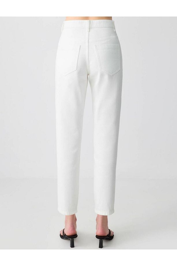 Ekru %100 Pamuk Yüksek Bel Normal Paça Denim Pantolon - 6