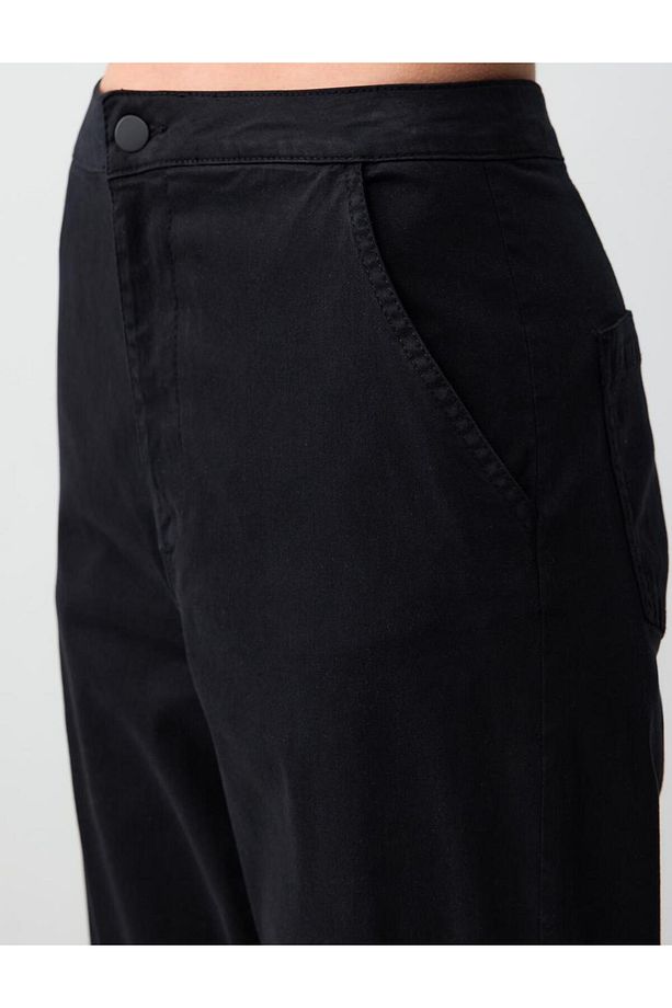 Siyah Yüksek Bel Normal Paça Gabardin Dokuma Pantolon - 5