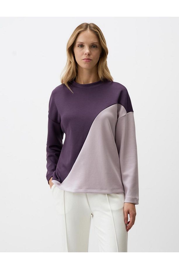 Mor Bisiklet Yaka Renk Geçişli Modal Örme Sweatshirt - 1