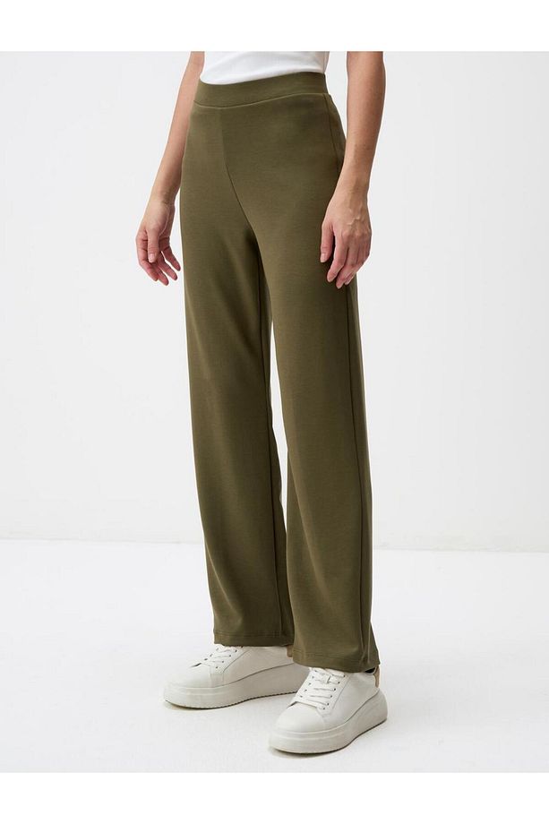 Haki Yüksek Bel Normal Paça Örme Pantolon - 4