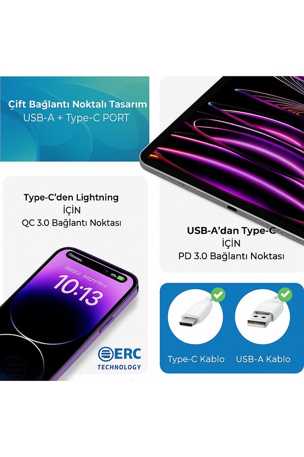 50W 3.0A QUİCK ŞARJ ADAPTÖRÜ HIZLI ŞARJ DESTEKLİ ÇİFT ÇIKIŞ USB TYPCE - 4