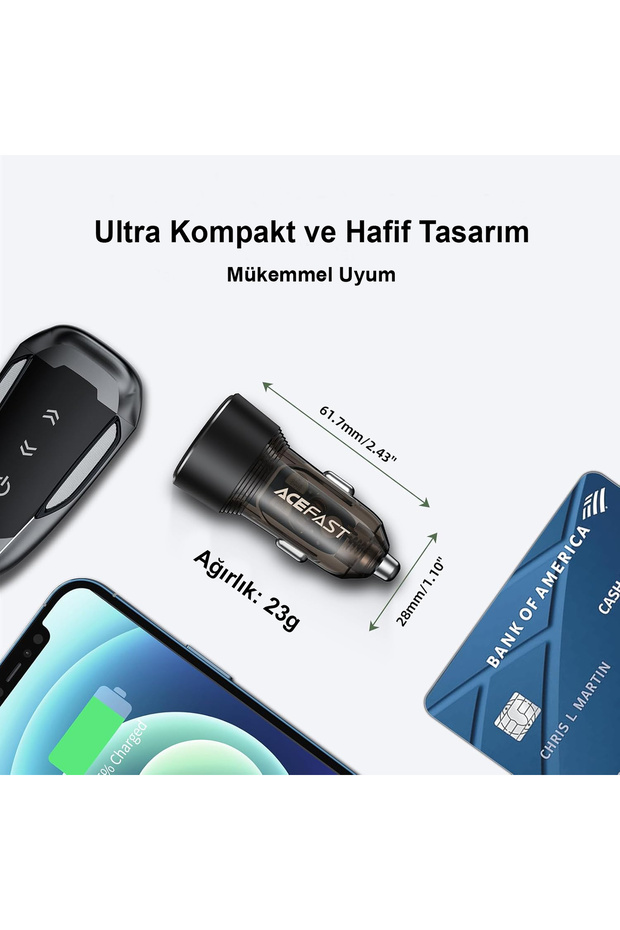 60W USB-C + USB-A 2 Port Hızlı Araç Şarj Aleti iPhone & Android & iPad & MacBook - B12 - 8