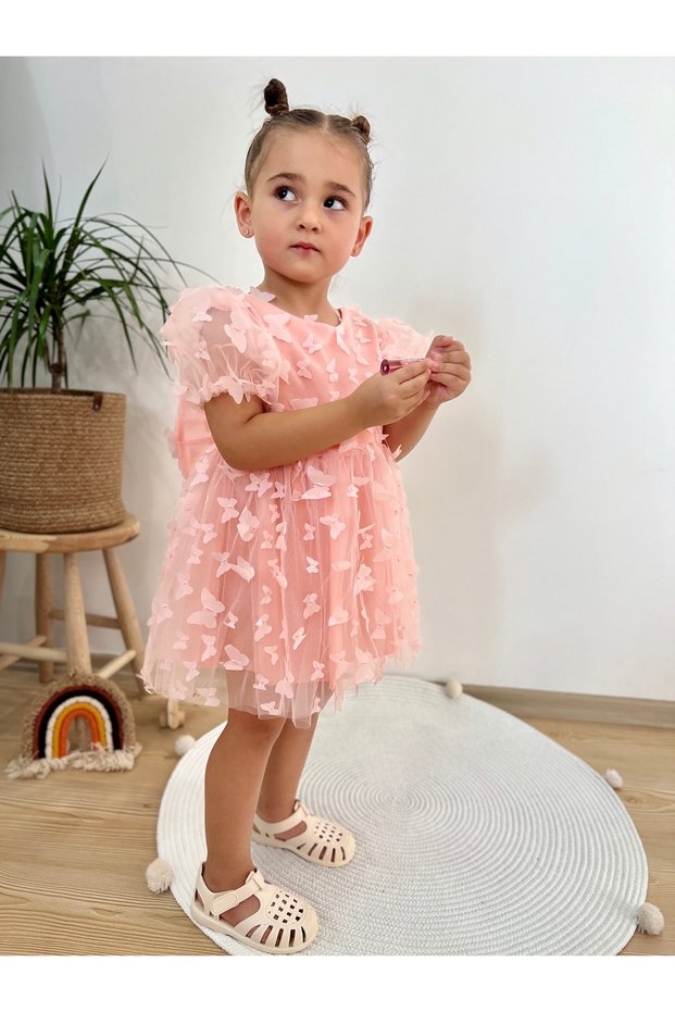 Butterfly Patterned Salmon Color Dress Short Sleeve Bow Birthday Party Wedding Special Occasion Tulle Lined