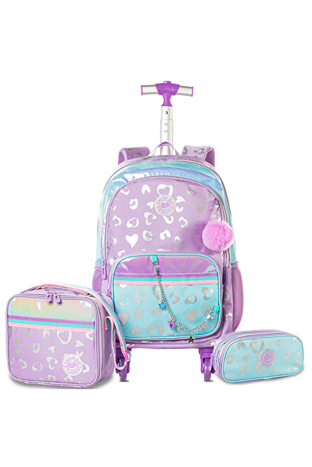 4-wheel Trolley 17" School Bag Set of 3 w/ Lunch Bag and Pencil Pouch - Love Purple