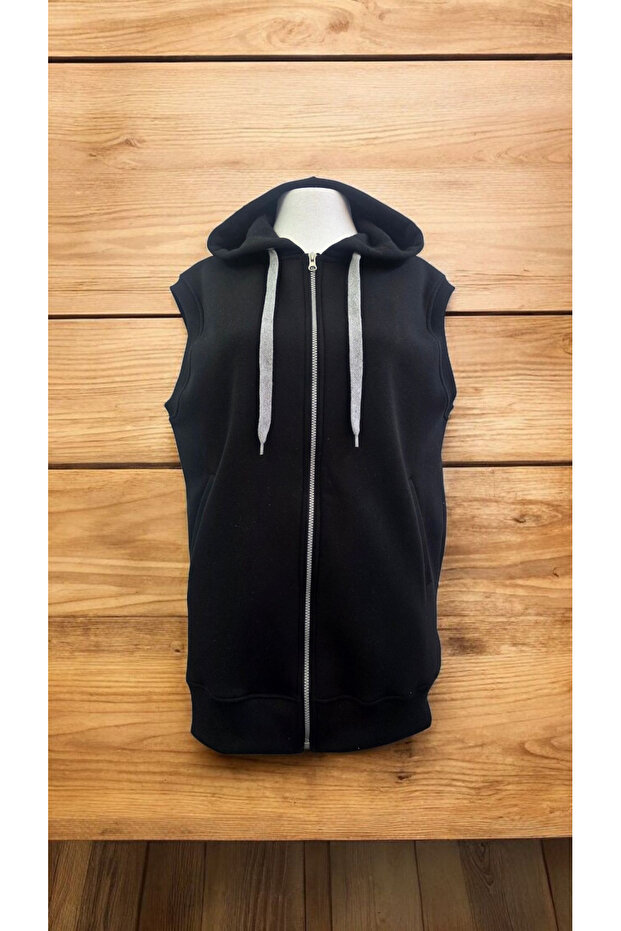 Unisex Black Regular Fit Hooded Winter Vest with Hidden Pocket
