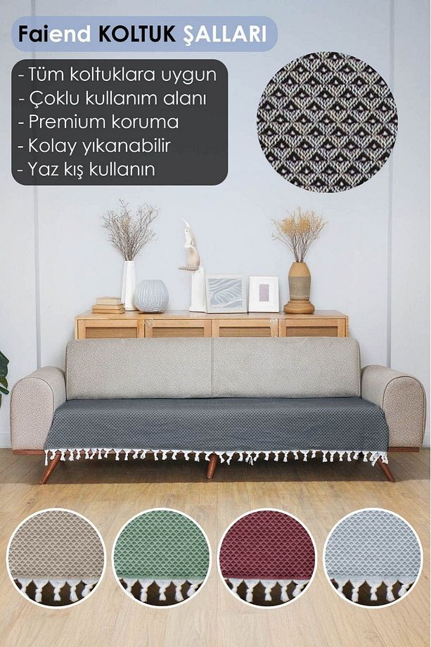 Koltuk Örtüsü 115x210 Cm Kanepe Çekyat Divan Berjer Örtüsü Pamuklu Yıkanabilir Sade Şal - 1