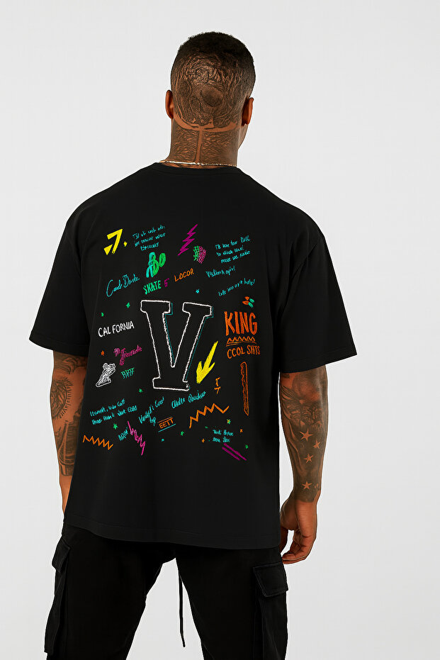 V Printed Oversize Black T-shirt
