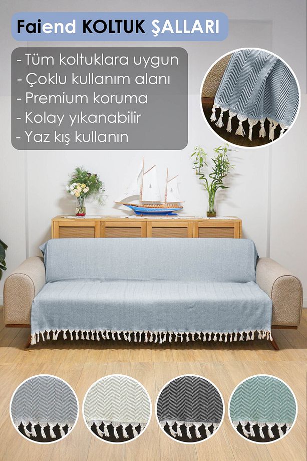 Koltuk Örtüsü 180 X 200 Cm Kanepe Çekyat Divan Berjer Örtüsü Pamuklu Yikanabilir Sade Şal - 2