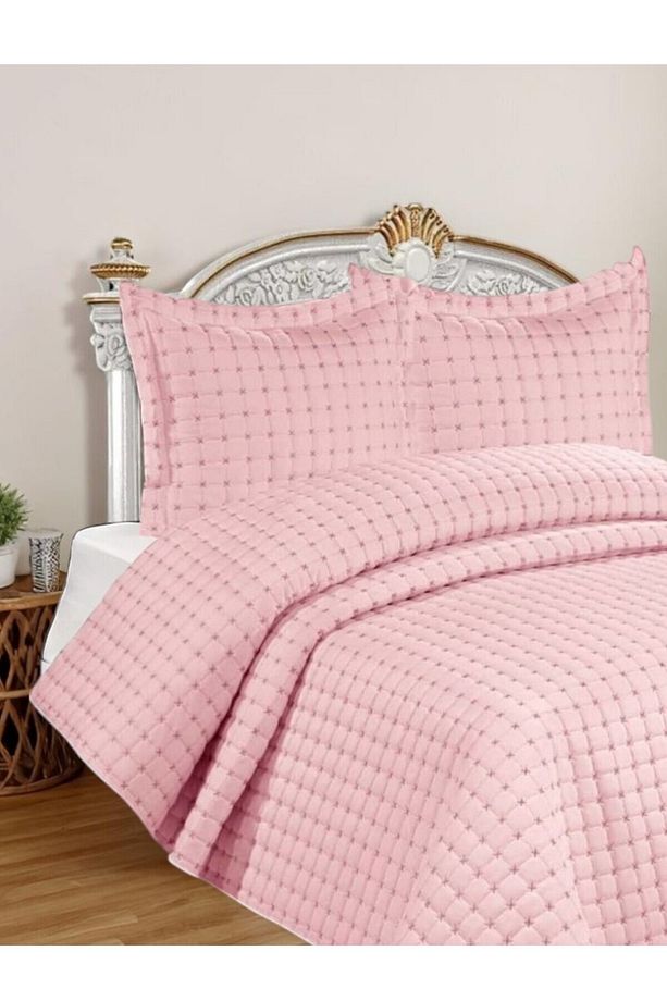 Kaliteli Kapitone Çift Kişilik Yatak Örtüsü Seti ( Pembe ) - 1