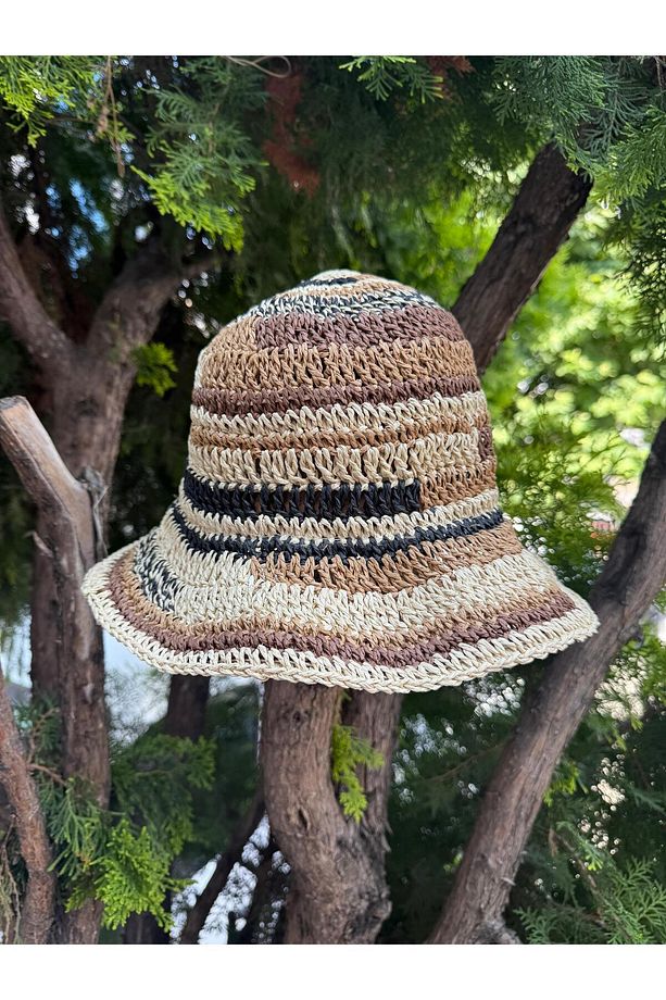 14719 El Örgüsü Kahve Hasır Bucket Şapka - 5