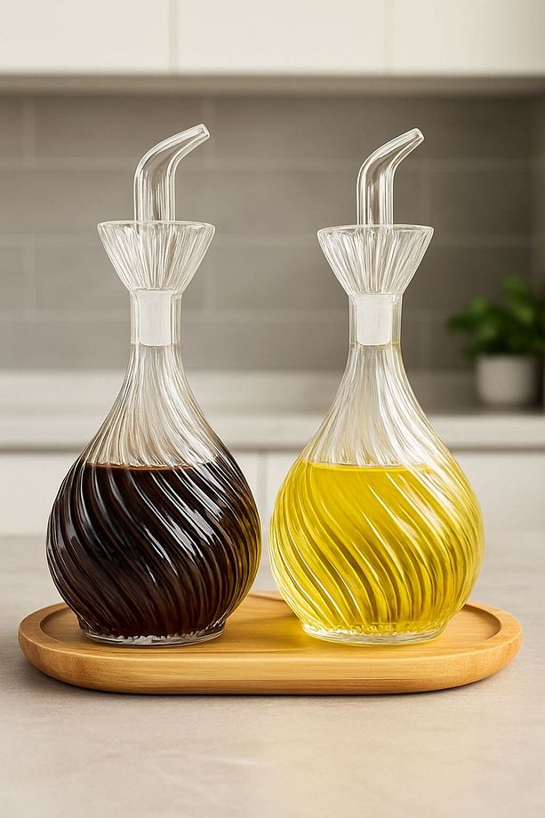 Borosilikat Cam Tombul 2'li Bambu Standlı Papatya Yağlık & Sirkelik 900 Ml - 1