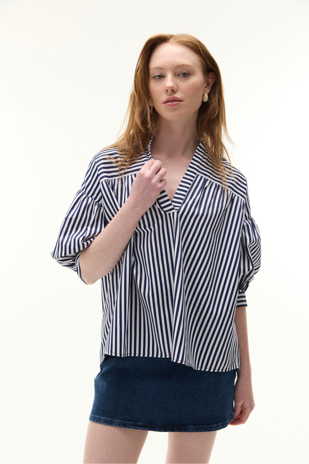 ÇİZGİLİ V YAKA OVERSIZE BLUZ - 1