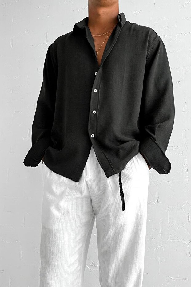 Erkek Oversize Basic Rahat Gömlek Siyah - 3