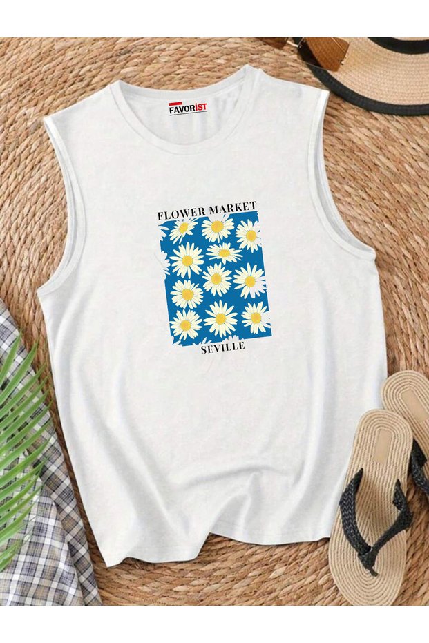 City Flowers Off-The-Shoulder Women's Cotton Sleeveless Summer T-Shirt Singlet