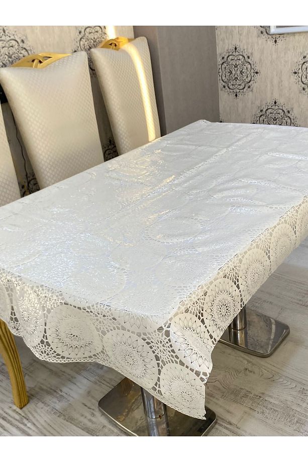 Hasır Kolay Temizlenir Pvc Şeffaf Kaplamalı Lüks Muşamba Masa Örtüsü Krem - 4