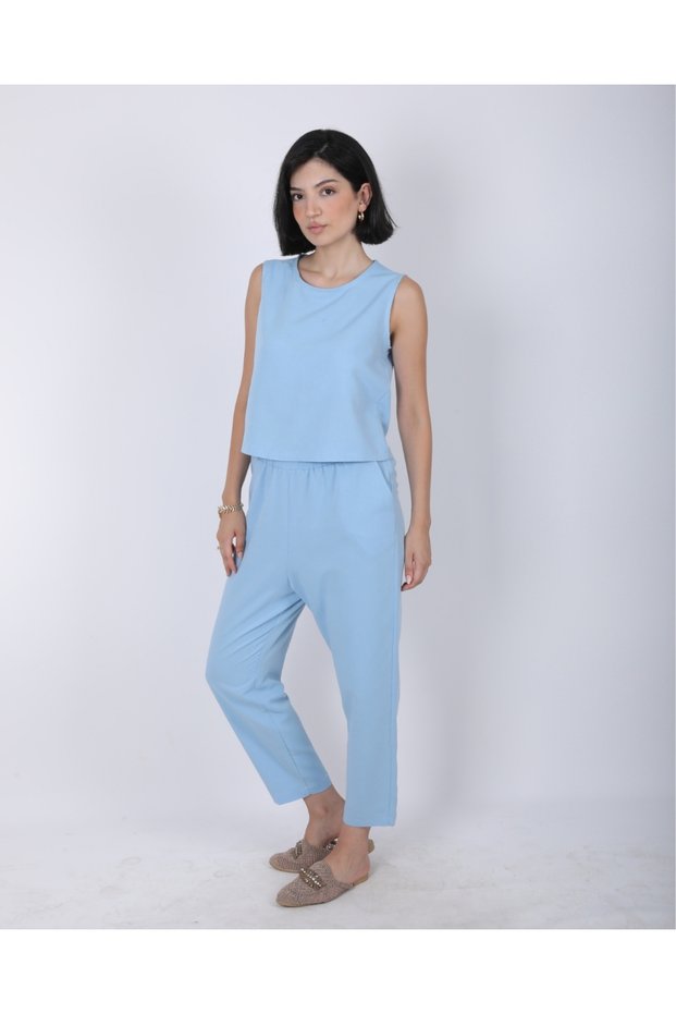 Women's Blue Zero Sleeve Blouse Elastic Waist Pants Linen Bottom Top Set