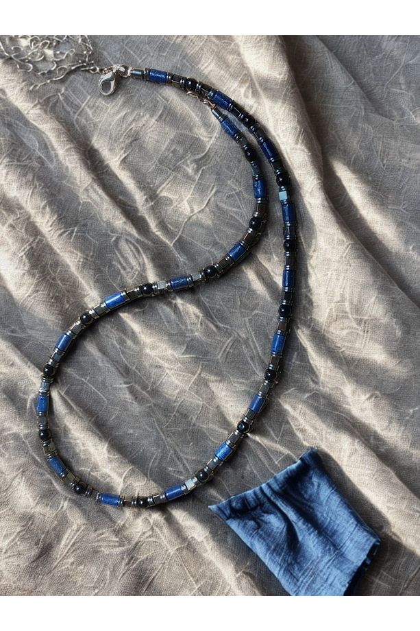 Lapis Lazuli Doğal Taşı Erkek Uzun Kolye (51 CM) -Lapis Lazuli Hematit Güç Ve Denge Kolyesi - 4