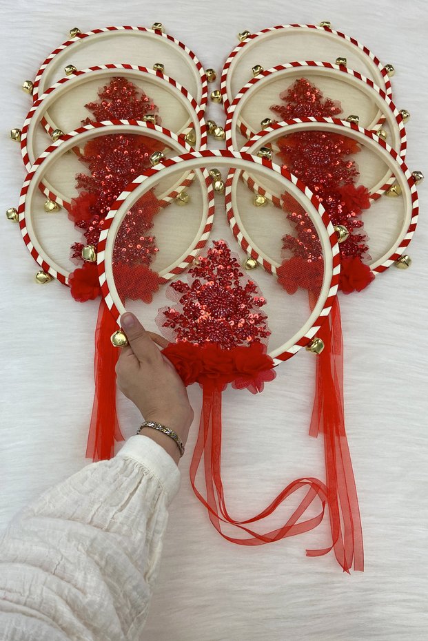 Vip Appliqued Bridal Tambourine, Red Bridesmaid Wedding Henna Night Circumcision Bachelorette with Bell 27cm 1 Piece