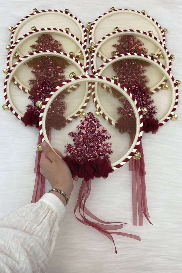 Vip Appliqued Bridal Tefi Burgundy, Bridesmaid Wedding Henna Night Circumcision Bachelorette Bride with Bell 27cm 1 Piece