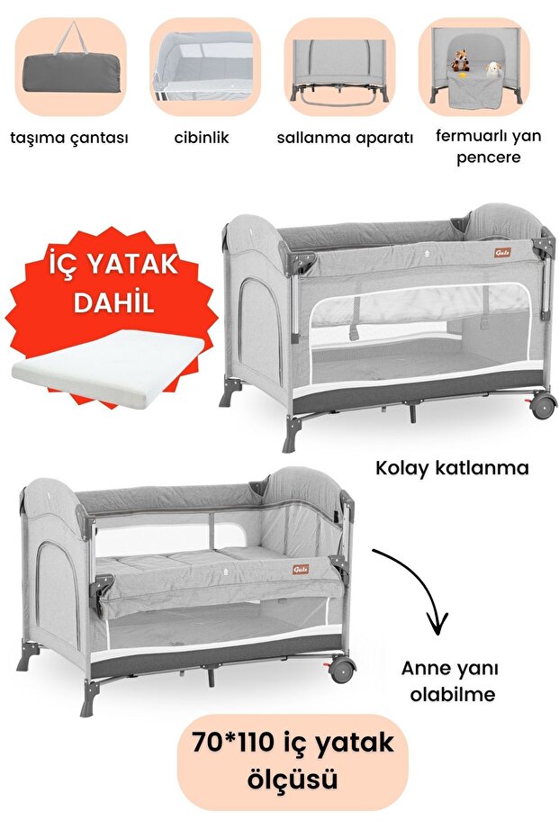 Gulz Omega Anne Yanı Sallanır Cibinlikli Oyun Parkı Bebek Beşik 70x110 Cm Yataklı