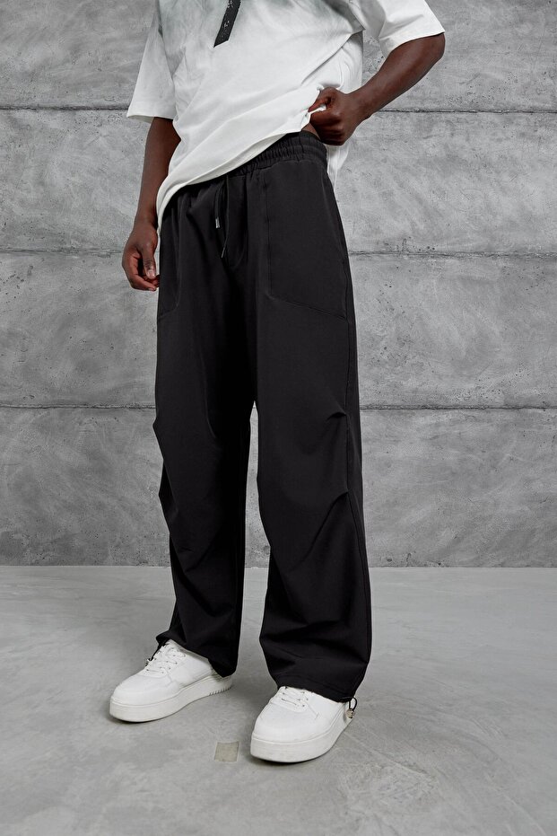 Men's Sweatpants Fabric Leg Pleated Black Oversize Parachute Loose Fit