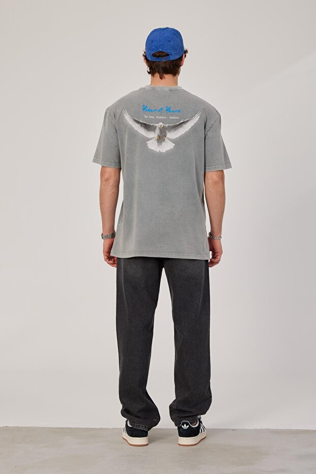 Men's T-Shirt Power of Peace Washed Gray Oversize Crew Neck Thick Cotton Fabric