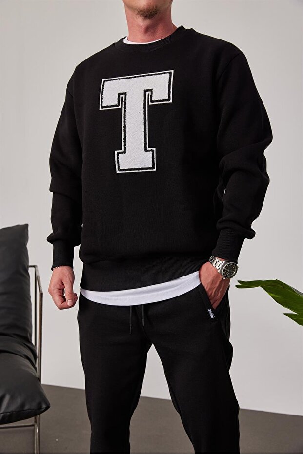 T Harf Baskılı Siyah Sweatshirt - 2