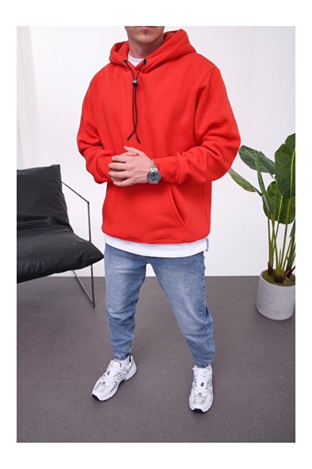 İp Detaylı Basic Kapüşonlu Kırmızı Sweatshirt - 1