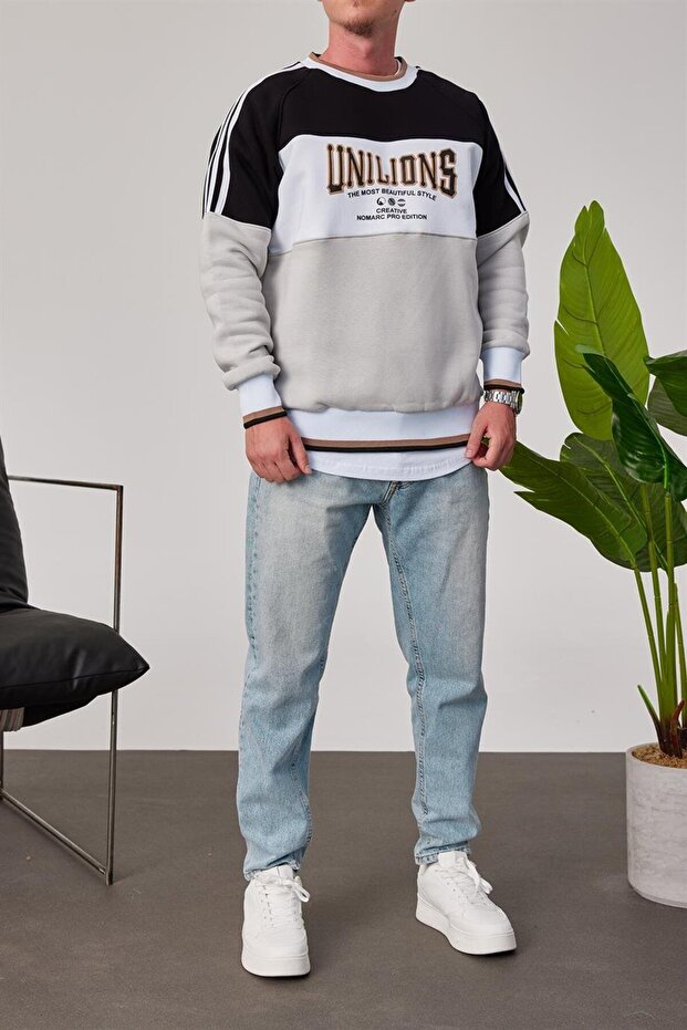 Men's Sweatshirt Unilions Gray Black Oversize Crew Neck 3 Thread Raster