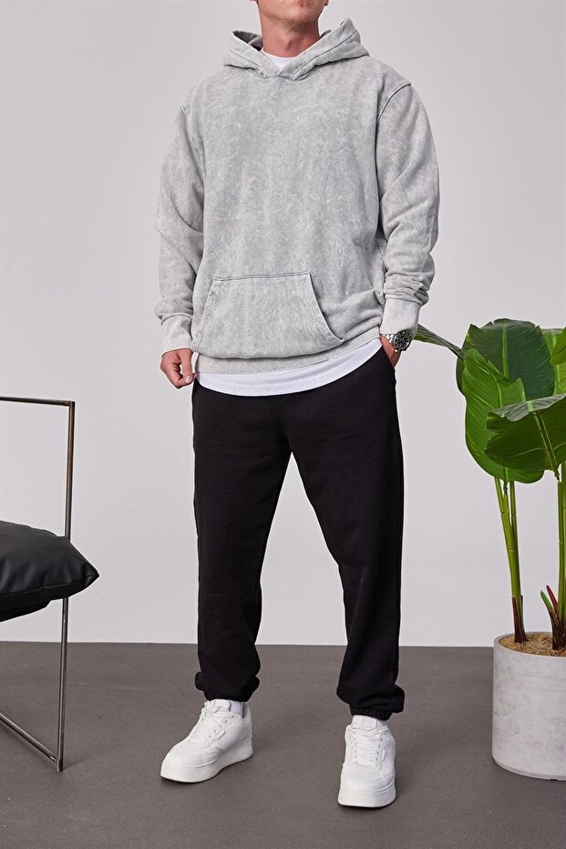Yıkamalı Basic Kapüşonlu Gri Sweatshirt - 4