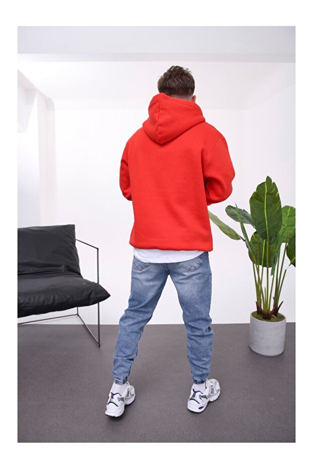 İp Detaylı Basic Kapüşonlu Kırmızı Sweatshirt - 3