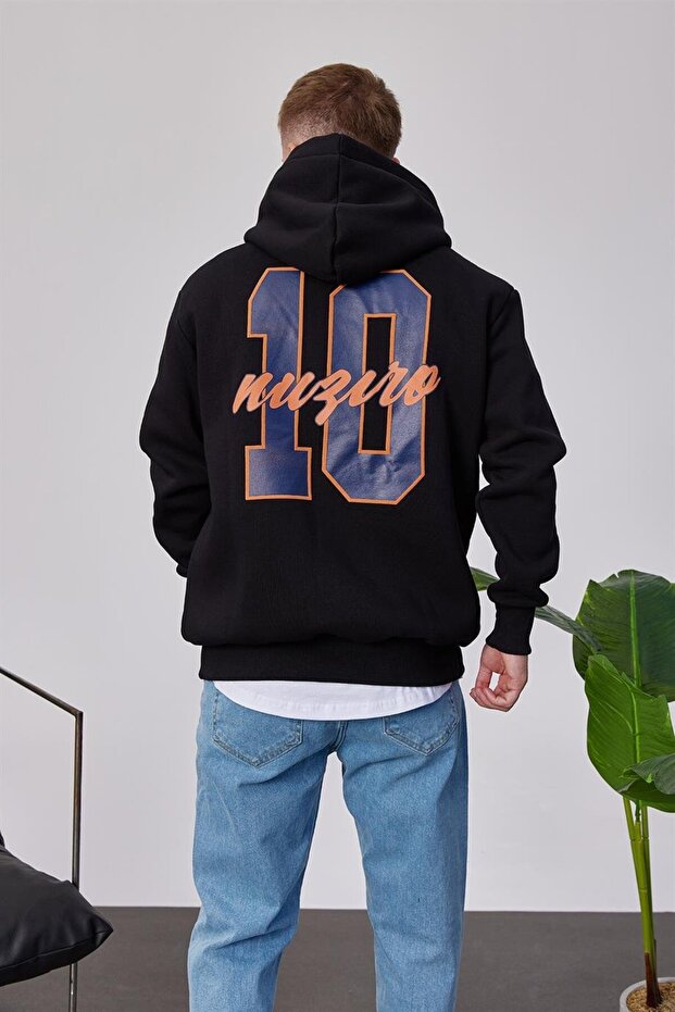 L Harf Baskılı Siyah Kapüşonlu Sweatshirt - 1
