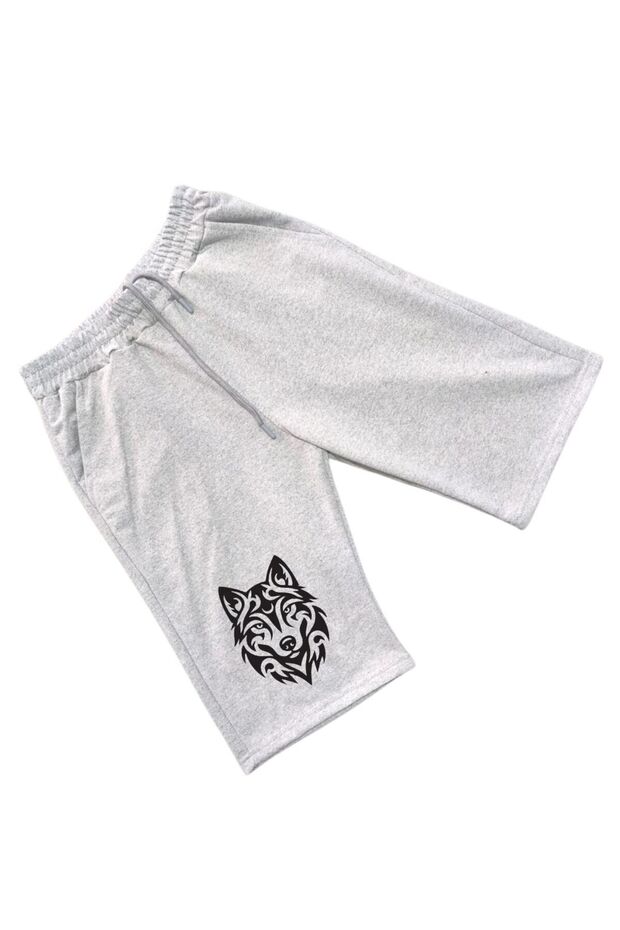 Wolf Print Fashion Trend Maxi Length Side Pockets Combed Cotton Shorts