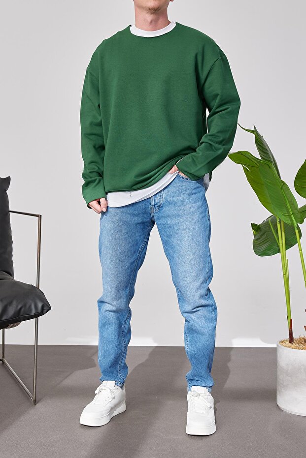 Men's Sweatshirt Dirty Collar Green Oversize Crew Neck 3 Thread Without Ruffles