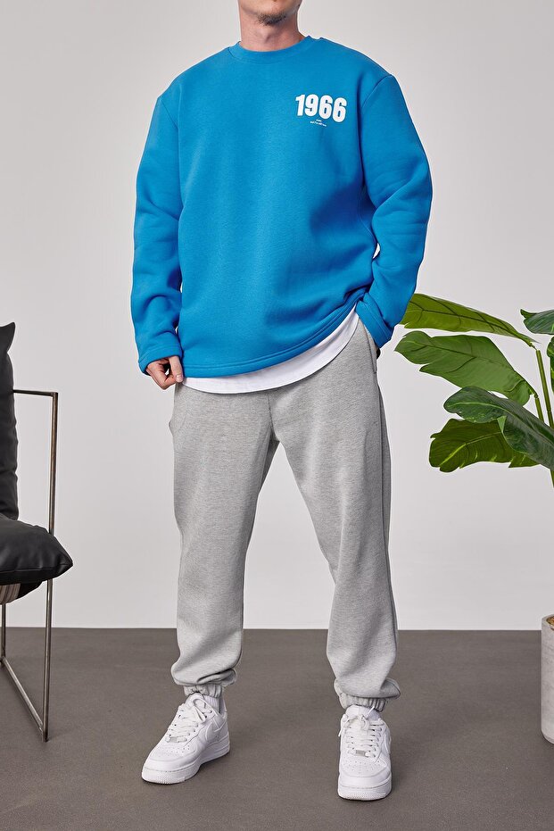 1966 Baskılı Mavi Sweatshrt - 5