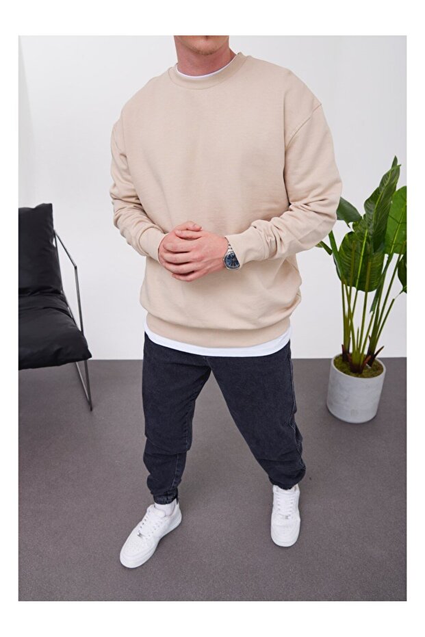 Erkek Basic Pamuk Krem Sweatshirt - 2