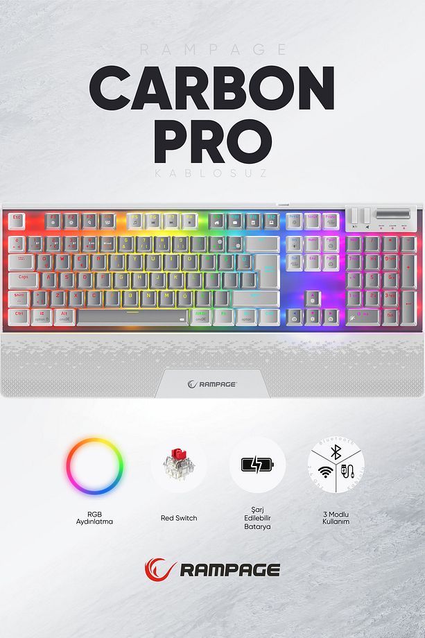 Carbon Pro Gb Bluetooth Klavye Şarjlı Wifi Kablosuz Klavye Rgb Red Mekanik Klavye Oyuncu Klavyesi - 1