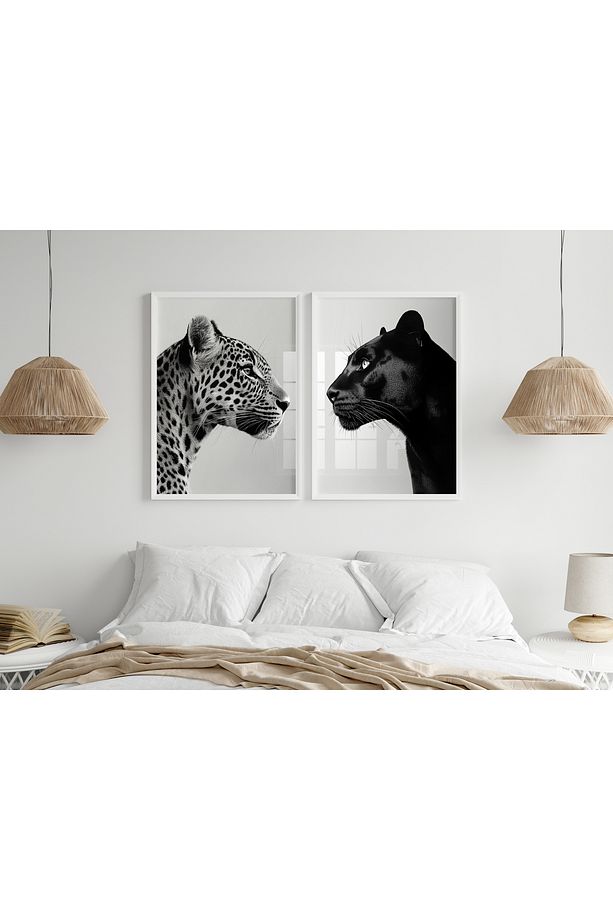 2'li Jaguar ve Çita Tablosu, Oturma Odası Dekoru, Mutfak Dekoru, Mutfak Dekoru, Çerçevesiz Poster - 4