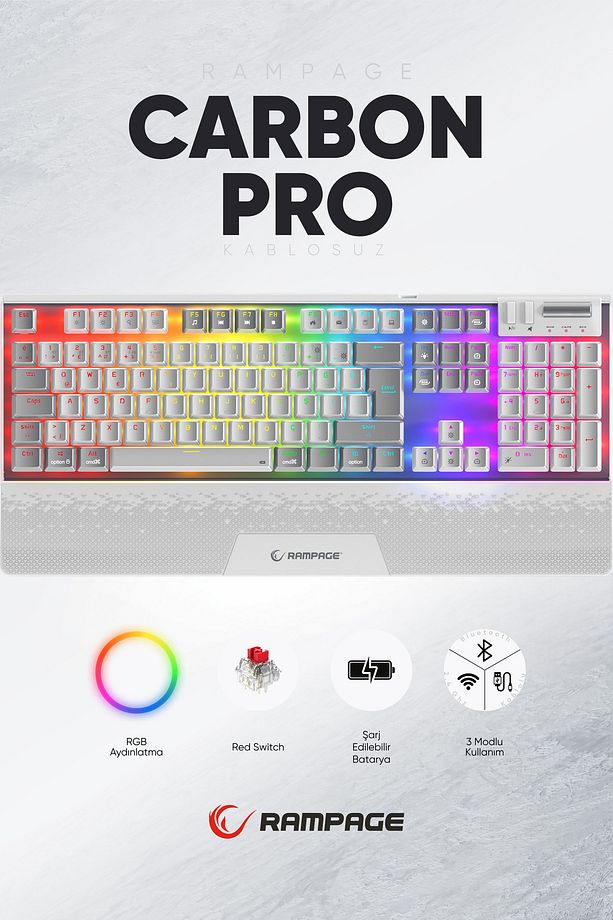Carbon Pro Bg Bluetooth Klavye Şarjlı Wifi Kablosuz Klavye Rgb Red Mekanik Klavye Oyuncu Klavyesi - 1